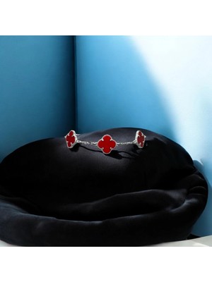 Atas Al Diamond Kırmızı Yonca Bileklik Mermer Desen 925 Gümüş