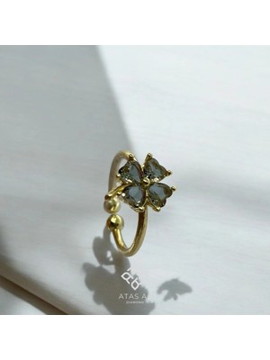 Atas Al Diamond Altın Kaplama Yonca Kalp Turkuaz Taşlı Italyan Tasarım 925 Ayar Gümüş Yüzük