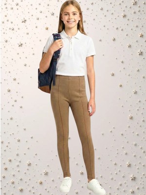 childs Kız Çocuk Koyu Bej Nervür Dikişli Çift Örgülü Likralı Çelik Interlok Okul Taytı