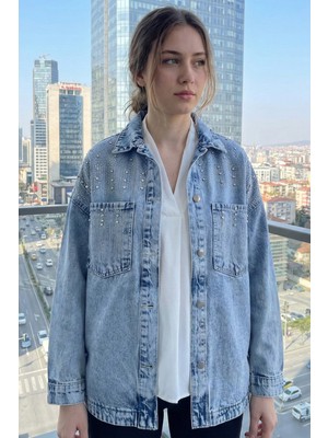 butiksinope Ast 830 Taş Işleme Cep Detaylı Oversize Kadın Kot Ceket Açık Mavi
