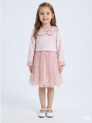 Bebe Yakalı Çiçek Işlemeli Tüllü Fiyonklu Kız Çocuk Elbise 3-8 Yaş 4423