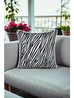 Visionario Kırlent Kılıfı Zebra Çizgili Desenli 45X45 Raşel Örme Kadife Çift Taraflı Dijital Baskı Beyaz Biyeli
