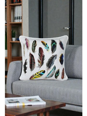 Visionario Kırlent Kılıfı Kuş Tüyü Desenli 45X45 Raşel Örme Kadife Çift Taraflı Dijital Baskı Beyaz Biyeli