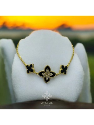 Atas Al Diamond Siyah Taş Süslemeli Yonca Bileklik 925 Gümüş Altın Kaplama
