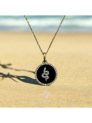 Atas Al Diamond Yılan Motifli Oval 925 Gümüş Kolye Siyah Detay