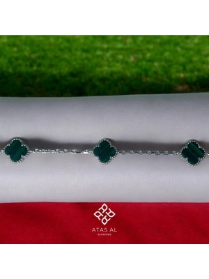 Atas Al Diamond Kraliyet Yeşili Minimal Yonca 925 Ayar Gümüş Bileklik