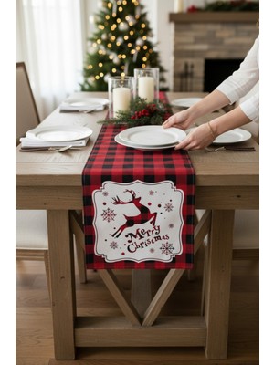Visionario Masa Örtüsü Runner Yılbaşı Temalı Merry Christmas 140X40 Raşel Örme Kadife Dijital Baskı