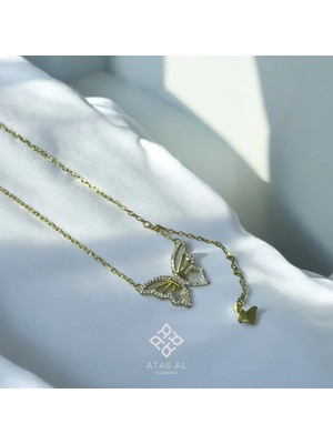 Atas Al Diamond Altın Kaplama Kelebek Taş Işlemeli 925 Ayar Gümüş Kolye