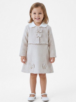 Fiyonklu Bebe Yakalı Tüvit Kız Çocuk 3lü Bej Elbise Takımı 3-7 Yaş 4410