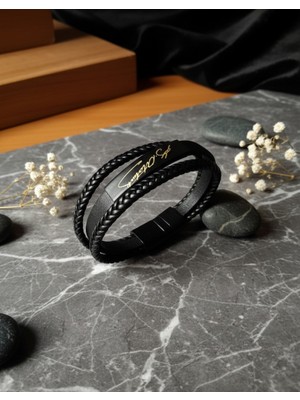 Generic Erkek Siyah Örgü Deri Bileklik | Atatürk Imzalı Gold Detaylı Manyetik Kilit