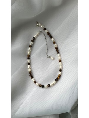 Taşmir Doğal Kaplan Gözü ve Hakiki Inci Kolye - Paslanmaz Çelik Aparat