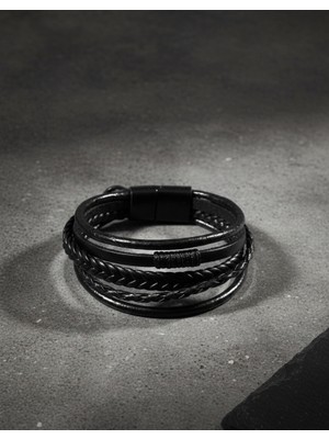 Generic Erkek Siyah Çok Katmanlı Örgü Deri Bileklik | Manyetik Kilit Maskülen Tasarım