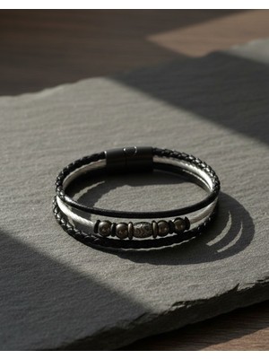 Generic Erkek Siyah Çift Katlı Örgü Bileklik | Metal Boncuk Detaylı Manyetik Kilit
