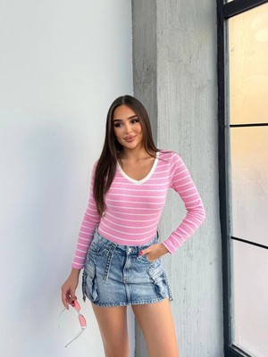 V Yaka Çizgili Bluz Pembe