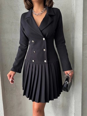 Altı Piliseli Uzun Kollu Ceket Elbise Siyah S255016