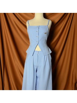Maison Meda Açık Mavi Taş Düğmeli Askılı Bluz & Bol Paça Pantolon Takımı