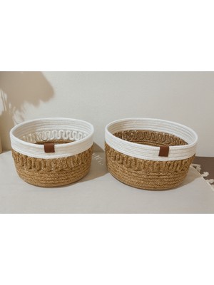 Efuliz Home Jüt Hasır Desenli 2'li Yuvarlak Sepet,düzenleyici-Organizer-Banyo-Saklama Sepeti,ekmek-Çeyizlk Sepet