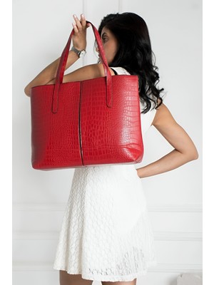 Luzia Julier Kadın Kroko Desen 2 Kollu Fermuarlı Büyük Boy Çanta Omuz Çantası, El Çantası, Laptop Çantası