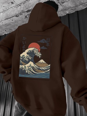 CC Collection Japon Dalga Baskılı Oversize Kapüşonlu Hoodie Unisex
