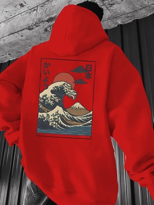 CC Collection Japon Dalga Baskılı Oversize Kapüşonlu Hoodie Unisex