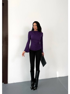 Cuyka Kadın Bluz Sandy Kumaş Uzun Kollu Drapeli -