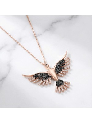 Arvenia Silver Anka Kuşu Siyah Beyaz Zirkon Taşlı Rose Gold Kadın 925 Ayar Gümüş Kolye