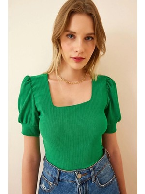 Comstar Kadın Örme Kısa Kollu Kare Yaka Basic Yeşil Bluz