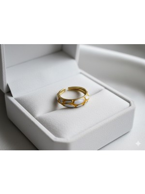 Çelik Takı Sarı Beyaz Mineli Ayarlanabilir Çelik Yüzük