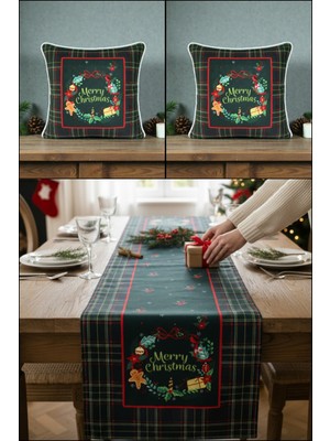 Visionario Yılbaşı Temalı Merry Christmas Kadife Kırlent Kılıfı ve Masa Runner Seti Dijital Baskı
