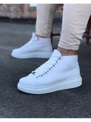 Beyaz Bağcıklı Sneakers  Yarım Bilek Bot