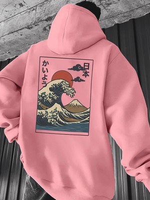 CC Collection Japon Dalga Baskılı Oversize Kapüşonlu Hoodie Unisex