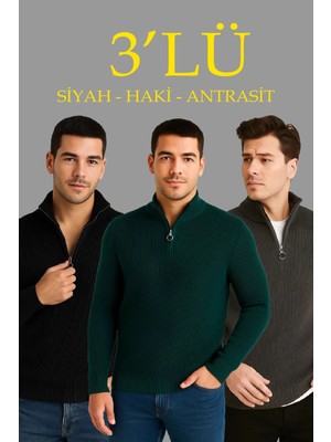 Velmora Fashion Velmora Premium Fitilli Triko Kazak 3 Lü Set - Haki, Siyah, Antrasit Kalın Dokuma Pamuklu Regular Fit V Yaka Fermuarlı Uzun Kollu Rahat Kışlık Kazak Kombini
