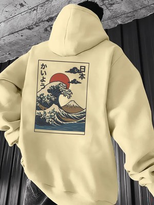 CC Collection Japon Dalga Baskılı Oversize Kapüşonlu Hoodie Unisex