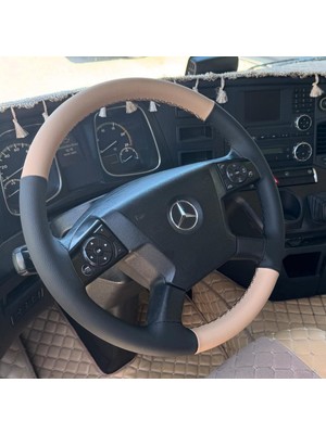 Hasbay Dikişli Direksiyon Kılıfı Bej Deri Noktalı Deri Bej Dikiş Mercedes Tır Kamyon Yeniler