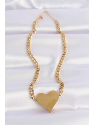 316L Çelik Zincir Altın Renk Düz Plaka Kalp Kolye