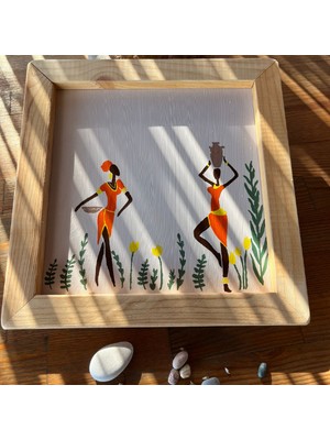 Husta Aksesuar El Yapımı Ahşap Çerçeveli Akrilik Boya Tablo - Hasat Toplayan Kadınlar Temalı Dekoratif Duvar Sanatı (32X32 Cm)