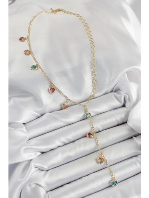 Pirinç Asorti Kalp Model Gold Renk Zirkon Taşlı Y Kolye