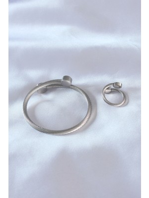 Çelik Gümüş Renk Sıkı Burgu Model Erkek Bileklik Yüzük Seti