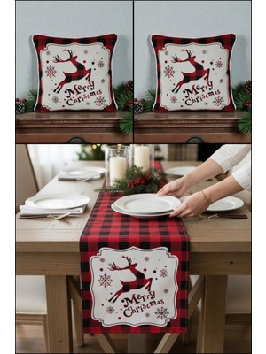 Visionario Yılbaşı Temalı Merry Christmas Kadife Kırlent Kılıfı ve Masa Runner Seti Dijital Baskı