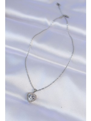 316L Çelik Zincir Gümüş Renk Zirkon Taşlı Charm Kalp Kolye