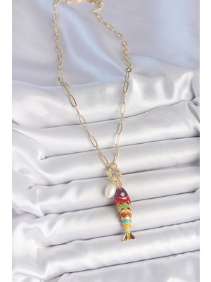 Inci Detaylı Zirkon Taşlı Rainbow Balık Figürlü Gold Renk Pirinç Kolye