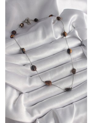 316L Çelik Gümüş Renk Zincir Kahverengi Doğaltaş Model Kadın Kolye