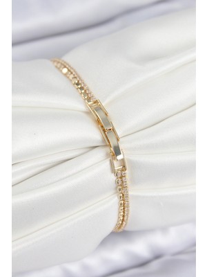 Pirinç Zirkon Taşlı Ezme Zincirli Sıralı Model Gold Renk Kadın Bilekilk