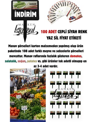 Manken İstanbul 100 Adet Manavlar Pazarcılar Marketler Için Siyah Cepli Yaz-Sil Etiket ( 108 Çeşit Ürün )
