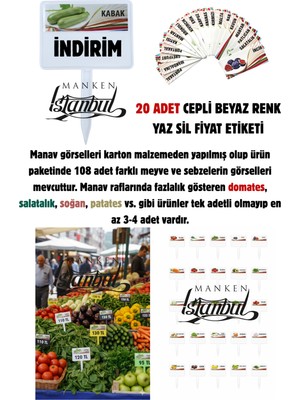 Manken İstanbul 20 Adet Manavlar Pazarcılar Marketler Için Beyaz Cepli Yaz-Sil Etiket ( 108 Çeşit Ürün )