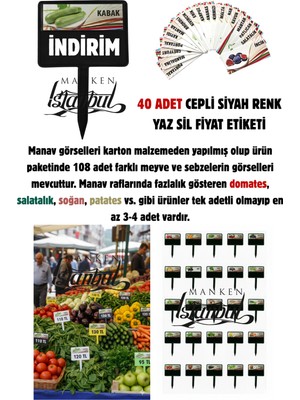 Manken İstanbul 40 Adet Manavlar Pazarcılar Marketler Için Siyah Cepli Yaz-Sil Etiket ( 108 Çeşit Ürün )