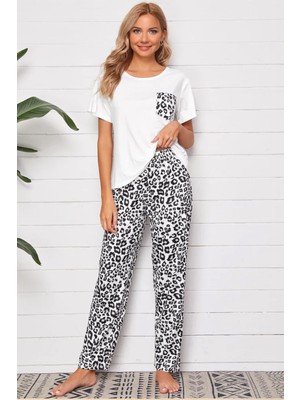 Dofi Kadın Altı Leopar Desenli Kısa Kollu Pijama Takımı – Cep Detaylı, Beyaz-Siyah