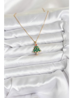 316L Çelik Zincir Gold Renk Çam Ağacı Model Yılbaşı Temalı Kadın Kolye