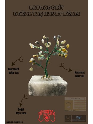 Feyza Design El Yapımı Labradorit Doğal Taş Hayat Ağacı Biblo, Sertifikalı, Özgün Tasarım