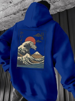 CC Collection Japon Dalga Baskılı Oversize Kapüşonlu Hoodie Unisex